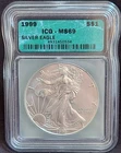 1999 $1 AMERICAN SILVER EAGLE ICG MS69 GREEN LABEL 1oz .999 fine Silver $1 coin.