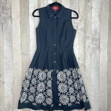 Oscar De La Renta 100% Linen Dress Sleeveless Daisy Embroidered Size 4 Navy Blue