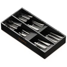 Bamboo Silverware Drawer Organizer with Labels, Kitchen Utensil Tray Holder O...