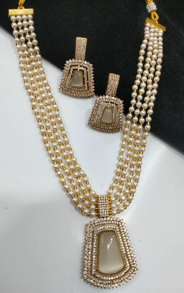 Conjunto de collar Kundan tradicional indio de perlas largas enchapado en oro joyería de boda Foto 3 de 4