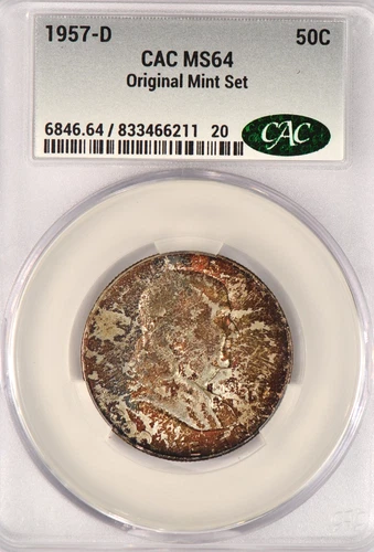 1957 D Franklin Half Dollar CAC MS 64 See Video Toning Silver Coin 50C CACG
