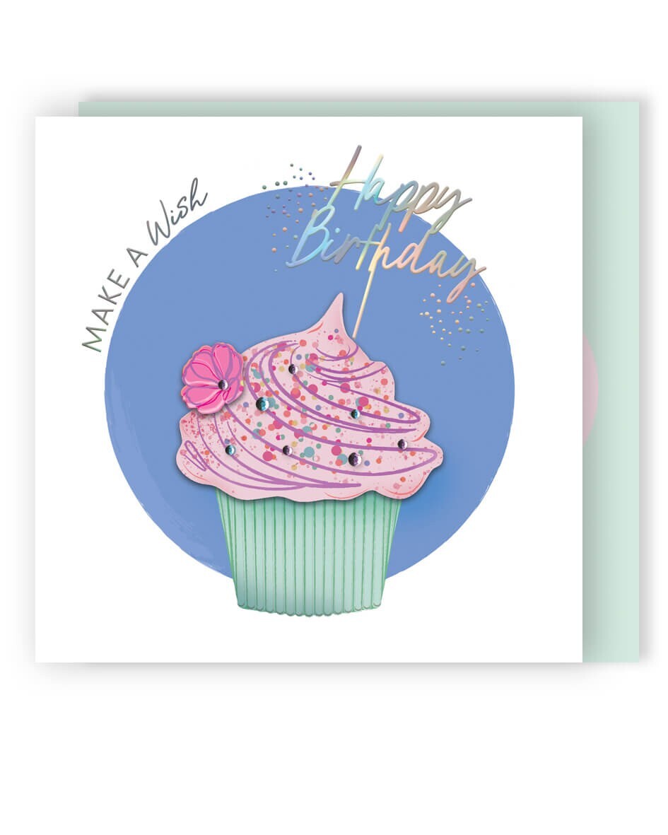 Cupcake Birthday Card Cake Sprinkles Make Wish - Stylish Jewel Embellished Card