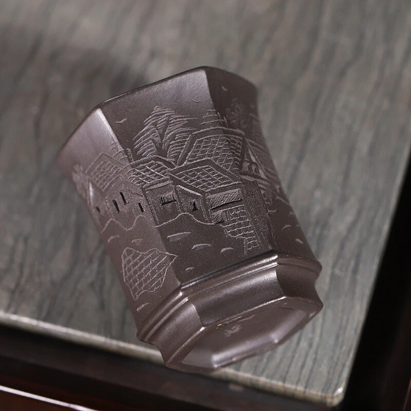 Taza de té real Yixing Zisha de una taza 100 ml patrón tallado a mano al azar taza maestra Foto 3 de 4