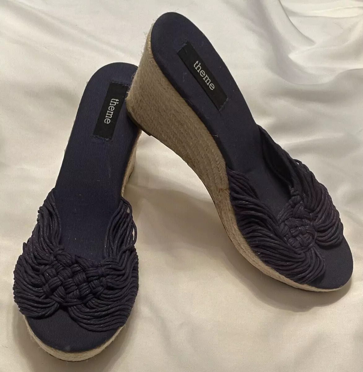 THEME Sandals Women 10W Blue Espadrille Open Toe Slip On Wedge