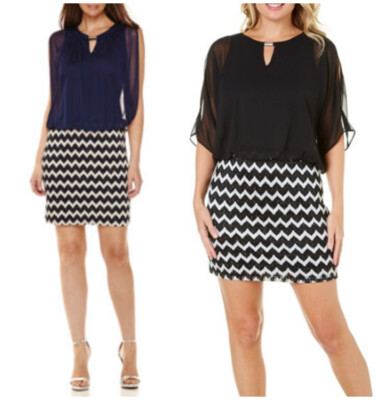 Perceptions Women Lurex Stitching Adds Sparkle Chevron Blouson Dress Black Sz.8P