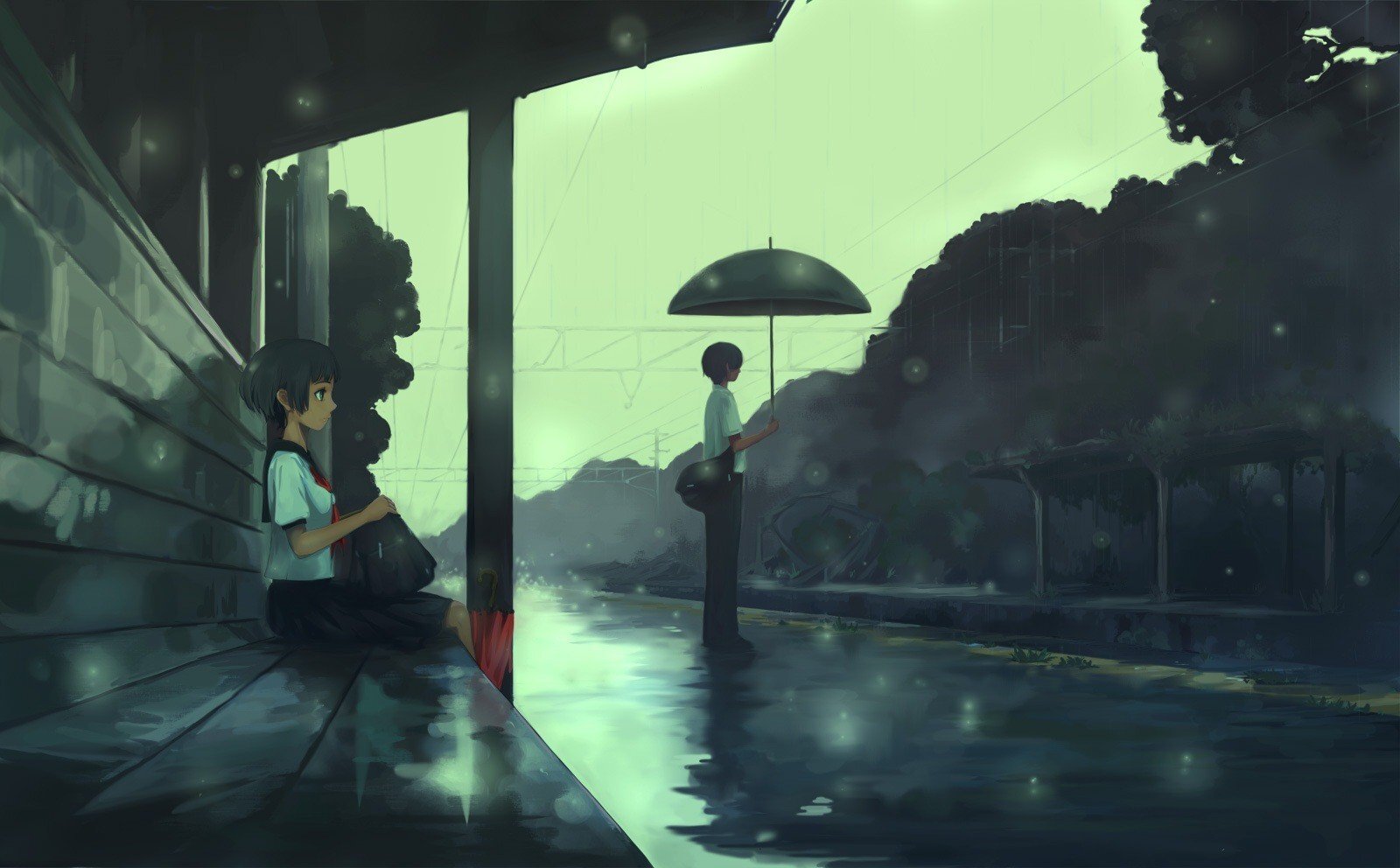 Anime school students with umbrellas at bus stop custom playmat pad