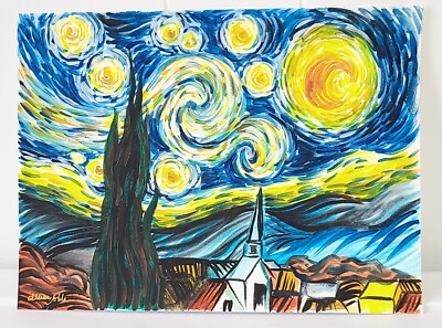 9x12 Gouache Paint Van Gogh Starry Night Study - Contemporary Original Art