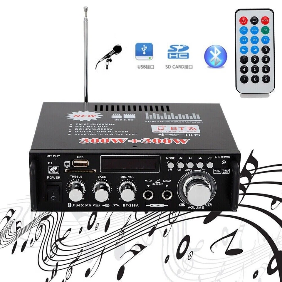 600W 12V Mini Bluetooth Hi-Fi Stereo Audio Amplificatore Digitale FM MP3 - 298BT - Immagine 4 di 4