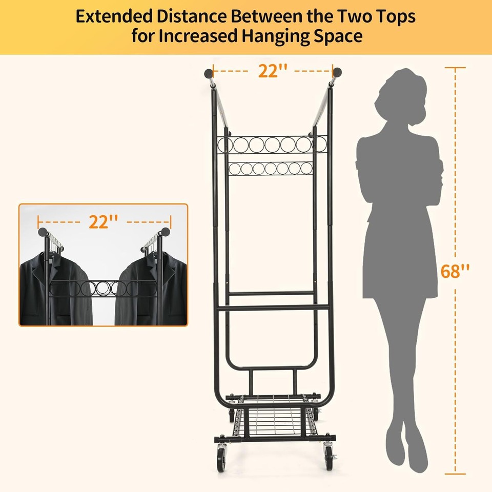 Heavy Duty Double Clothing Garment Rack Rolling Collapsible Clothing