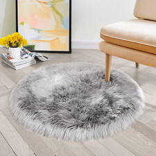 Silver Grey Faux Sheepskin Round Plush Rug 4ft for Bedroom  Living Room