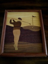 Handmade WOOD INLAY Marquetry GOLF PICTURE Golfer USA Golfing WOODEN VENEERS