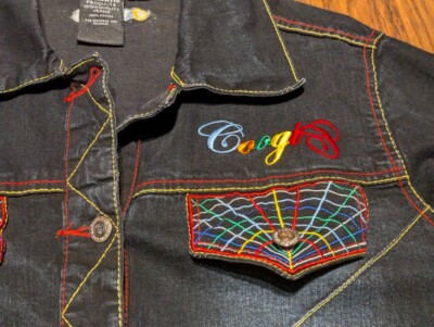 COOGI vintage womens XL dark denim jacket rainbow spider web chevron stitch 2A