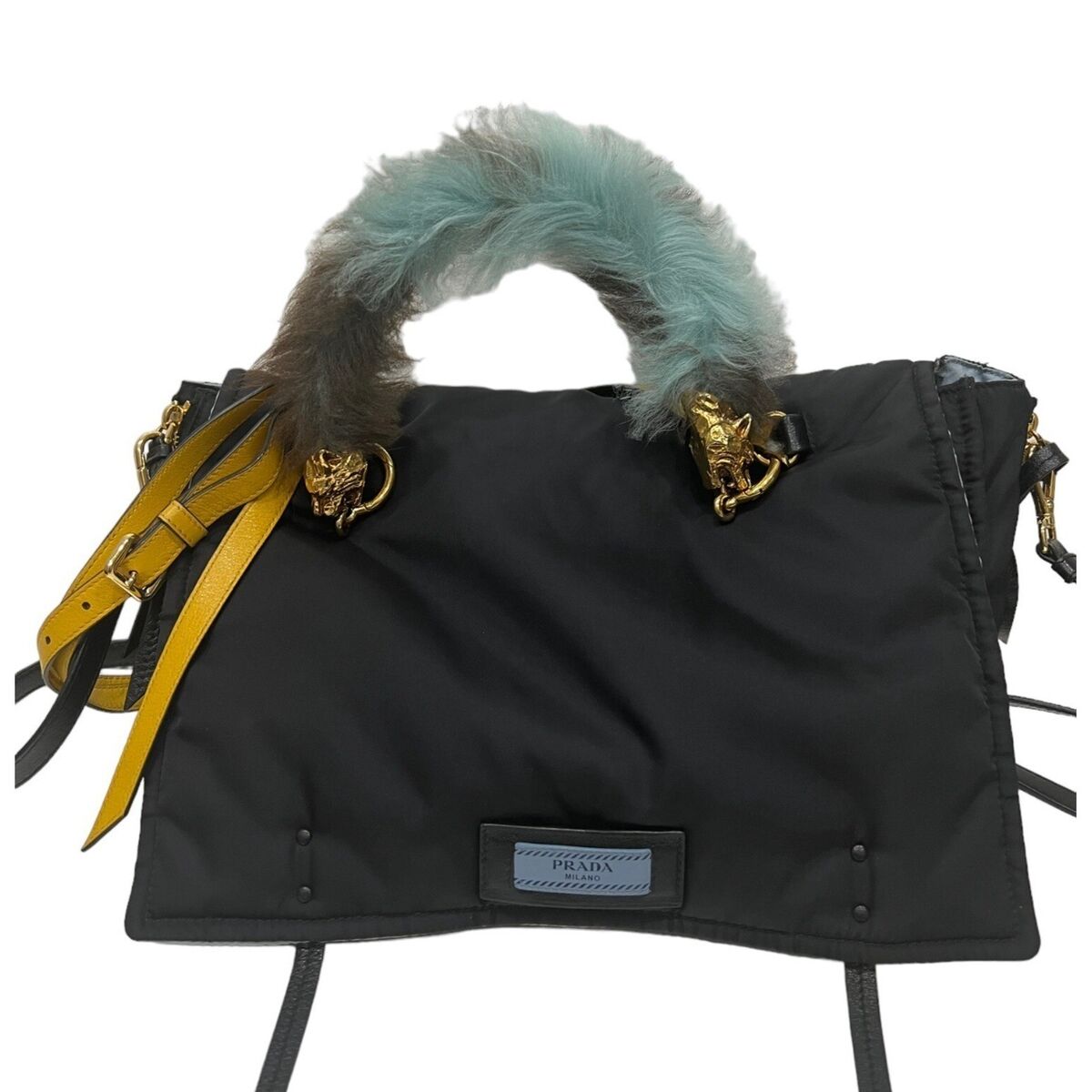 PRADA Tessuto Etiquette Nylon Shoulder Bag Black Yellow PRADA Tessuto Etiquette Nylon Shoulder Bag Black Yellow