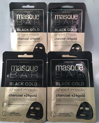 4-Unmasque Beauty Masque BAR Black Gold Sheet Mask, Charcoal and 24k Gold