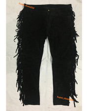 Mens Black Suede Leather Fringe Cowboy Pants Western Rider Biker Wearer Slim Fit