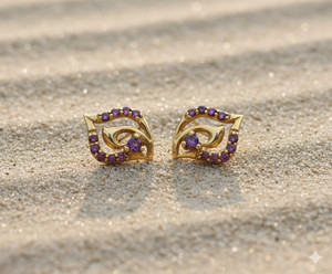 Authentic 925 Silver Amethyst Stud Earrings, Gold Plated Leaf Design, Purple Gemstone