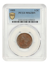 1855 1/2C PCGS MS63BN - Braided Hair Half Cent - Great Type Coin