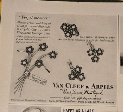 1958 Van Cleef & Arpels Forget me nots pin brooch earrings Vintage Jewelry ad