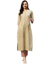 GoSriKi Women's Cotton Blend Straight Printed Kurta with Palazzo (Padwil Gree...