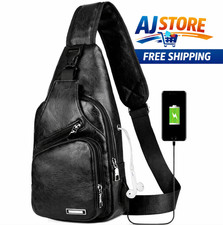 Black Chest Crossbody Bag Sling Backpack for Men with USB Charge Port