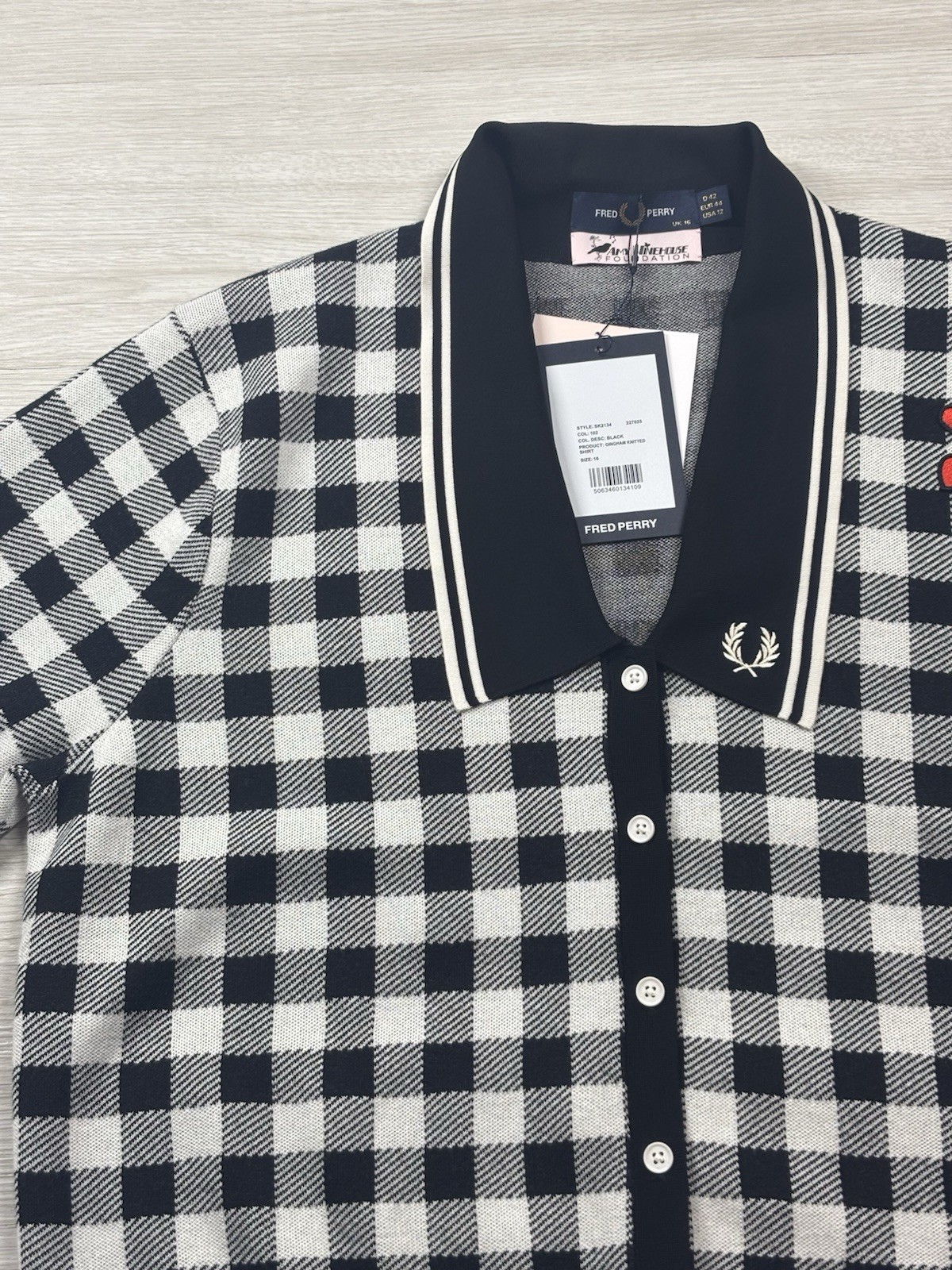 Fred Perry Amy Winehouse Gingham Knitted Shirt Black & White Size 16 Brand New image 7