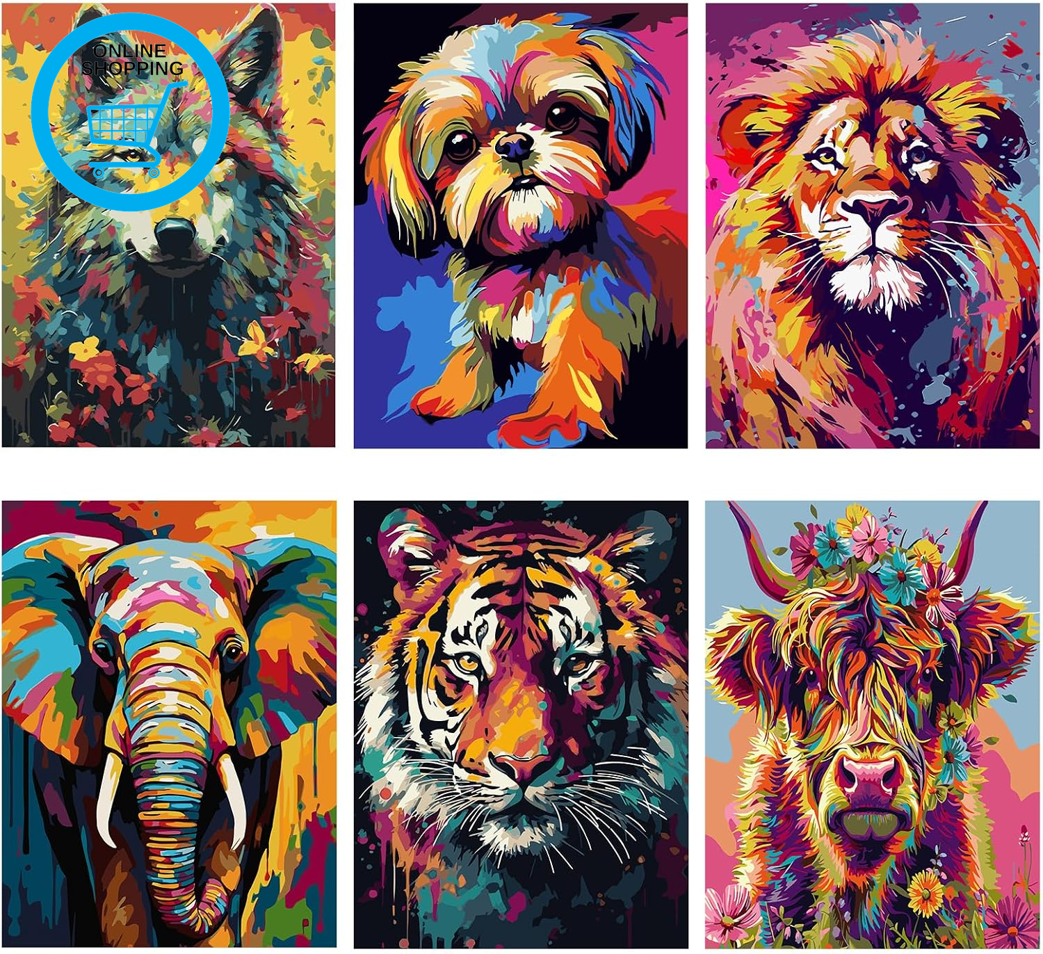 6Pack Animals Painting by Numbers for Adults Kids, DIY Acrylic Paint by Numbers