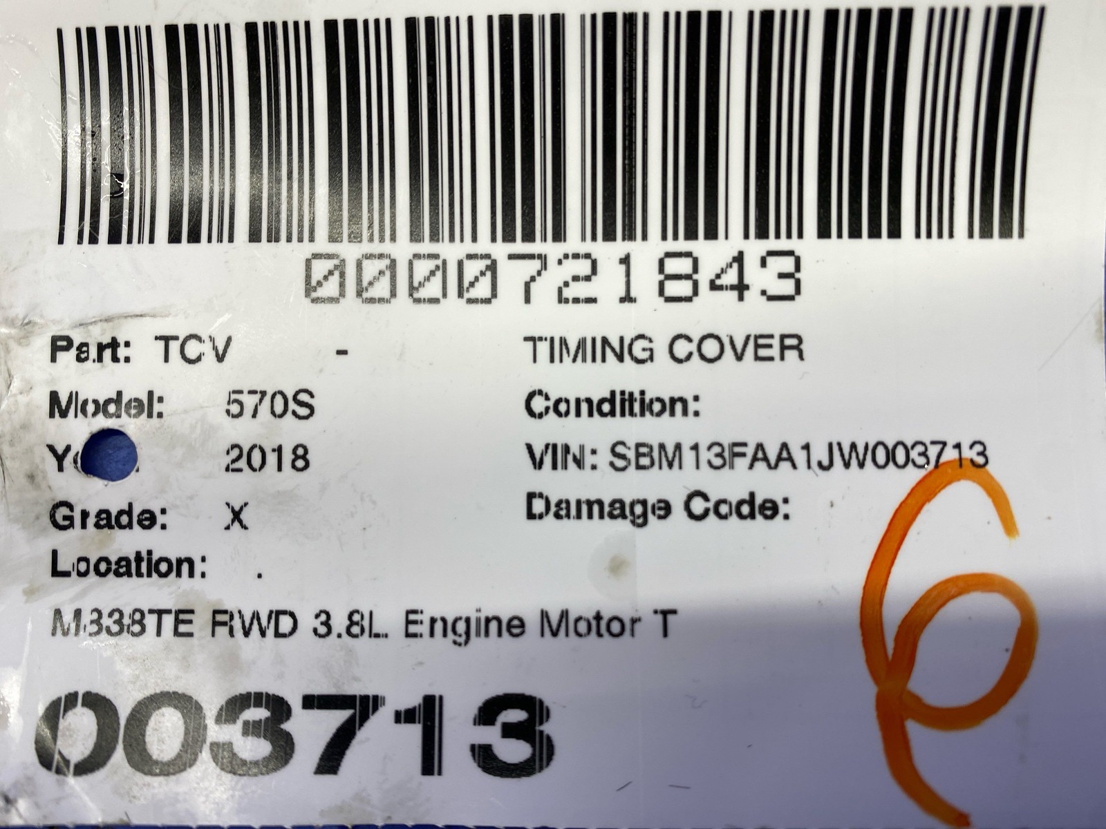 2016-2021 Mclaren 570s M838TE RWD 3.8L Engine Motor Timing Cover Panel 14F0852CP