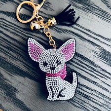    White  Pink Crystal Rhinestones Chihuahua Dog Keychain Purse Charm w Tassel