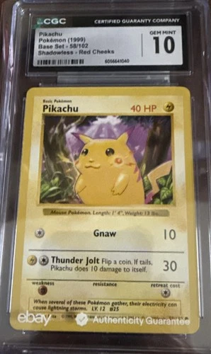 1999 Pokémon Red Cheeks Pikachu Base Set Shadowless 58/102 CGC 10