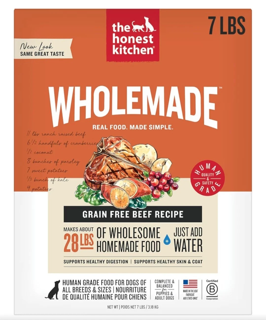 7lb. Honest Kitchen Human GradeWholemade'M Dehydrated Grain Free BeefDog Food