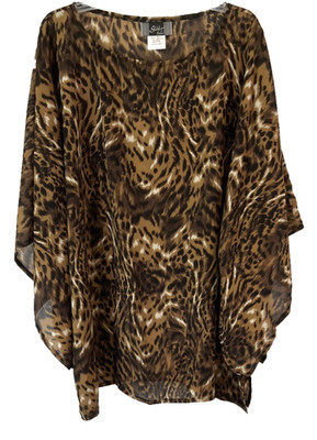 Slinky Brand Animal Print Caftan Shirt Sz L Brown/Black Semi Sheer Women CB40F