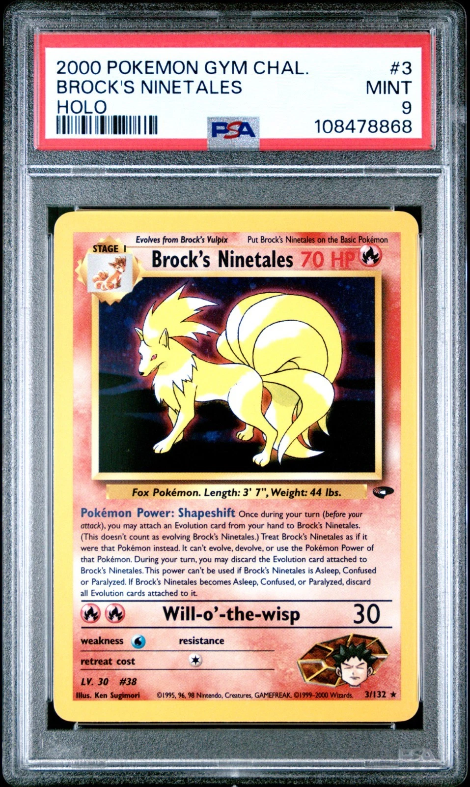 PSA 9 Brock's Ninetales Holo 3/132 Gym Challenge 2000 Pokemon Card