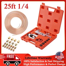 1/4 25ft Copper Steel Brake Line Pipe Flaring Tool + 20 Nuts Fittings Repair Kit