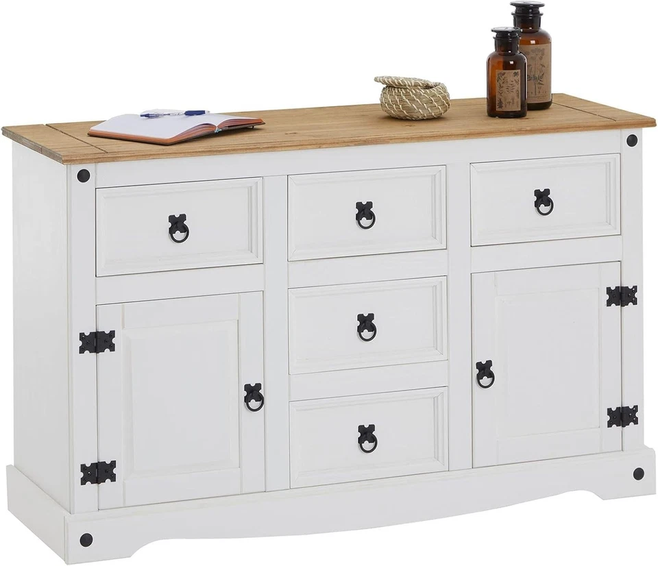 Corona Sideboard White 2 Door 5 Drawer Large Mexican Solid Pine Wood - Image 3 of 4