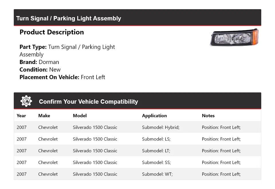 Conjunto de luz de giro/estacionamiento Dorman Classic 2007 Chevrolet Silverado 1500 Foto 2 de 4