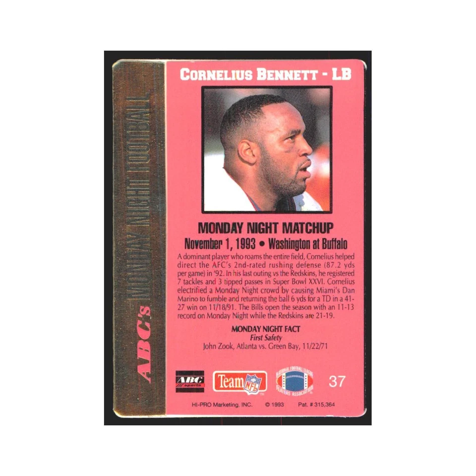 1993 Action Packed Cornelius Bennett Bills #37 - Image 2 of 3