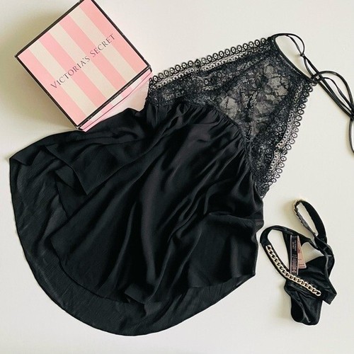 MEDIUM Victoria’s Secret black high neck slip lingerie set chain thong panties - Picture 5 of 6