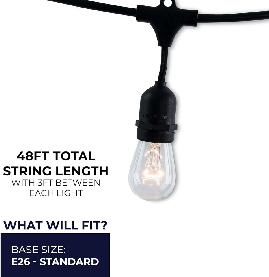 4Pack 48Ft Pendant String w/ S14 Clear, 15 Socket 3Ft Spacing E26, 11W, 2700K - Image 2 of 4