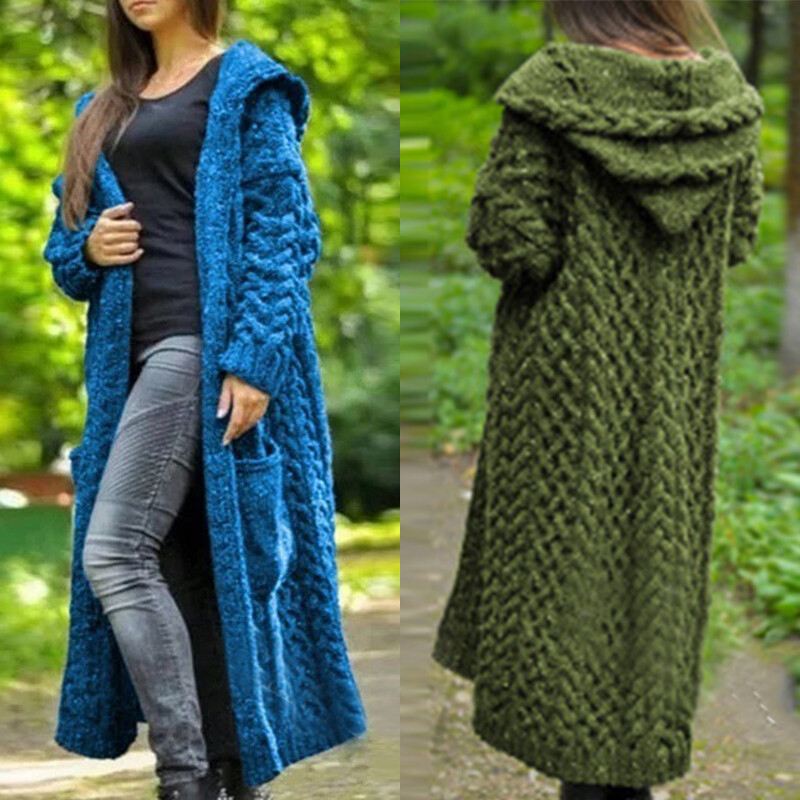 Women Sweater Warm Solid Overcoat Long Sleeve Knit Hooded Loose Coat