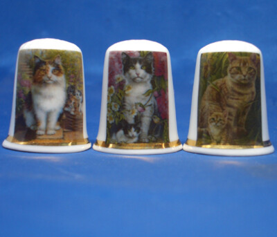 Birchcroft China Thimbles -- Set of Three -- Cats and Kittens