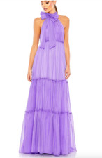 MAC DUGGAL 55848 RUCHED TIERED HIGH NECK BOW A-LINE CHIFFON ORCHID GOWN sz 4