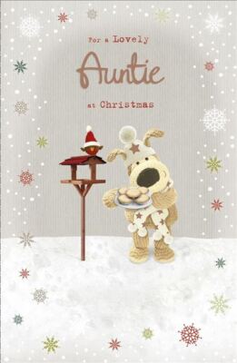 Vogeltisch und Mince Pies Boofle Tante Weihnachtskarte