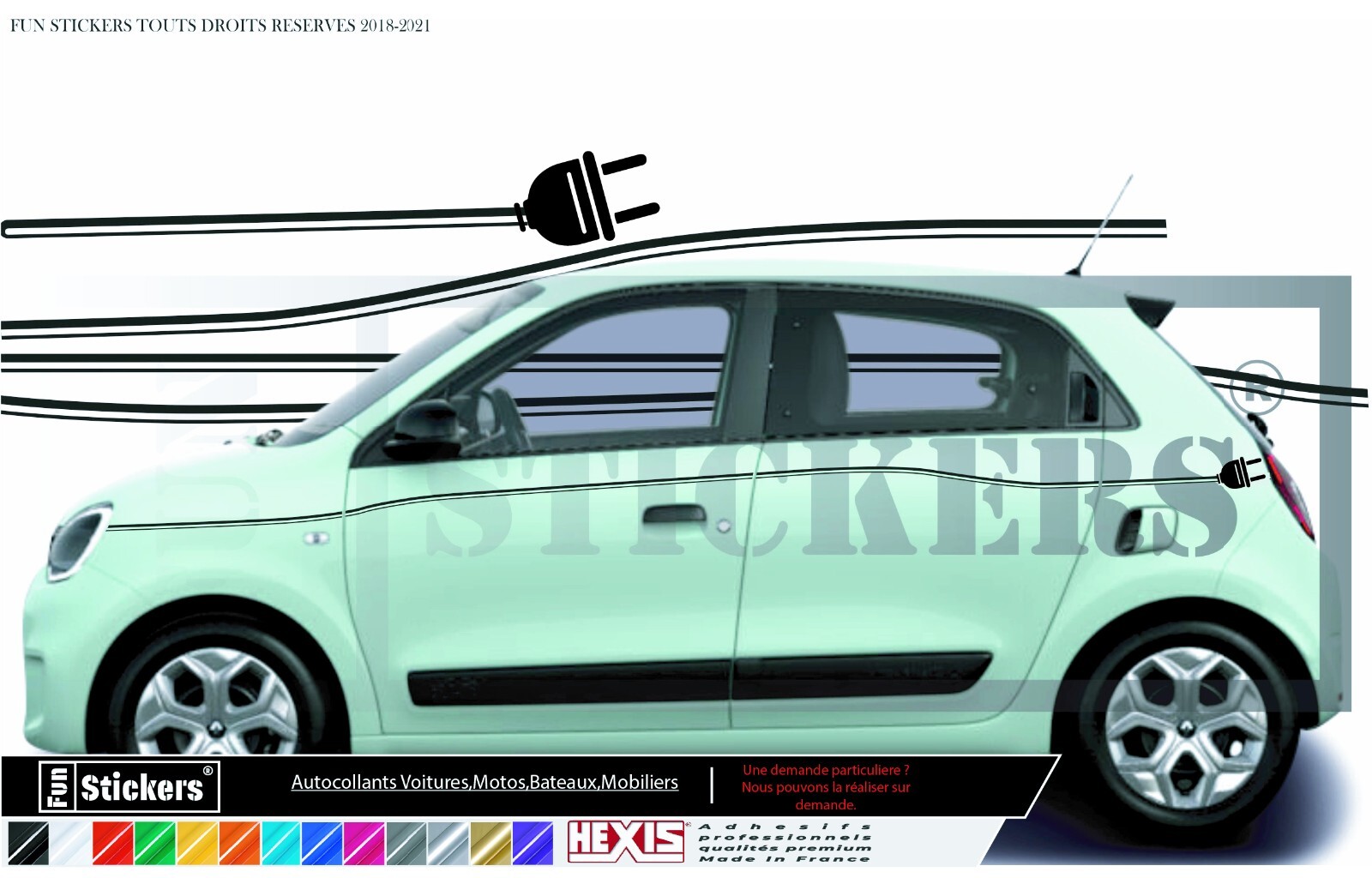 Renault Twingo 3 bandes laterales electrique autocollant anti-UV pose facile sans bulle