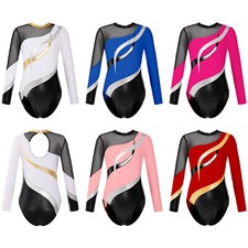 Girls Long Sleeve Metallic Rhinestone Ballet Dance Leotard Gymnastics Bodysuit