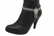 Women Boot Bracelet Silver Metal Chain Turquoise Shoe Feather Charm Native Style