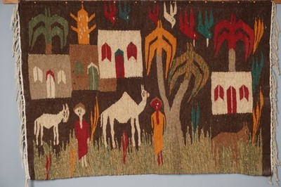 Vintage Egyptian Wall Tapestry 1950s Naive Art Wool Handwoven Decor