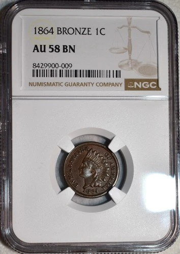NGC AU-58 BN 1864 BZ Indian Head Cent, Lustrous, Chocolate-Brown specimen.