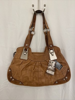 NWT B Makowsky Leather Handbag Nassau E/W Tote Croco Vachetta Tan Reg $298