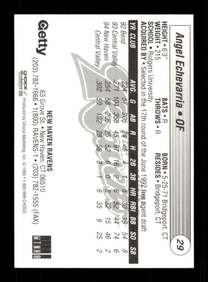 1995 Choice Getty New Haven Ravens 29 Angel Echevarria BXCP30 - Image 2 of 2