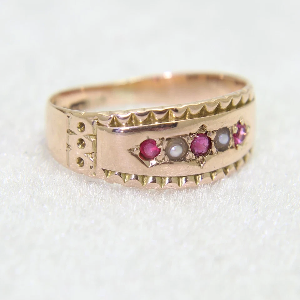 Victorian Ruby & Pearl 9ct Rose Gold Band Ring size H 1/2 ~ 4 1/4 - Image 3 of 4